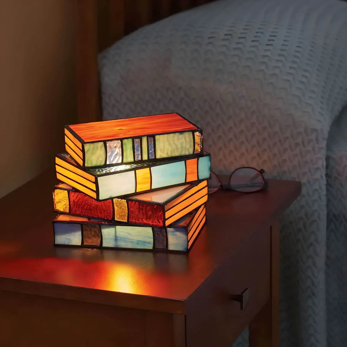 Stained Glass Book Lamp with Textured Light Diffusion and Kiln-Fired Panels