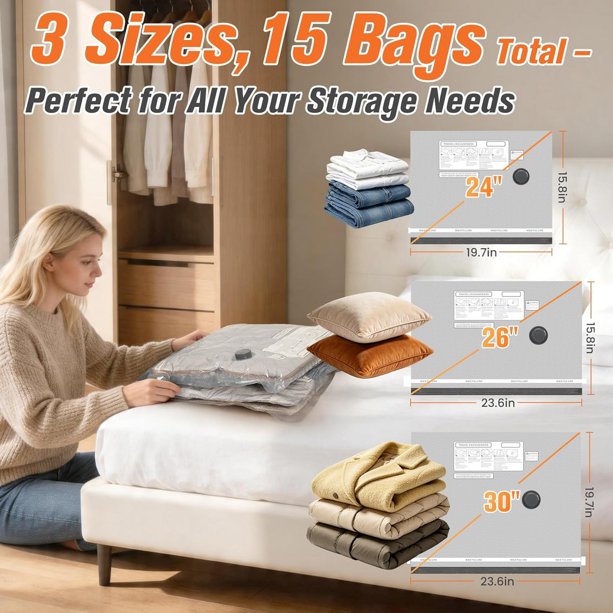 Storage Bags with Wireless Pump and Zipper Seal, 15-Piece Set