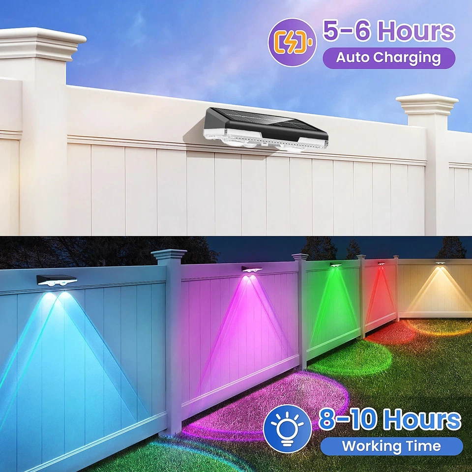 Solar Fence Lights with Automatic Dusk Sensor and 8-Color Button Control, 8-Pack