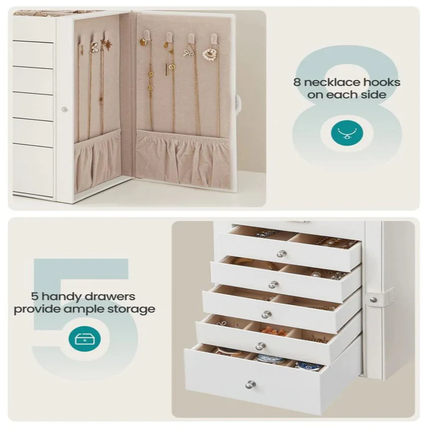 Six Tier Jewelry Box with Built In Mirror and Locking Front Closure