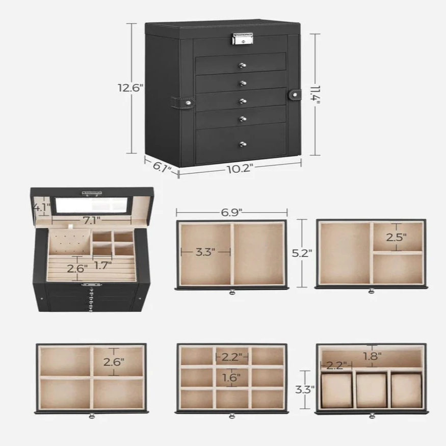 Six Tier Jewelry Box with Built In Mirror and Locking Front Closure
