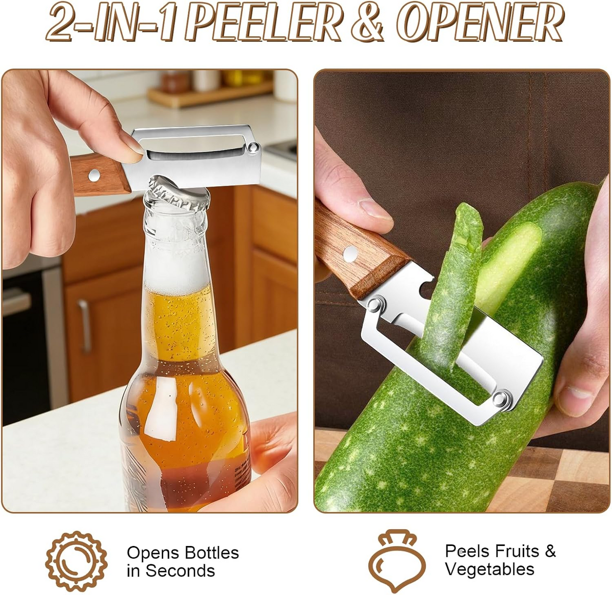 Wide Blade Vegetable Peeler with Julienne Edge and Wooden Handle for Root Vegetables