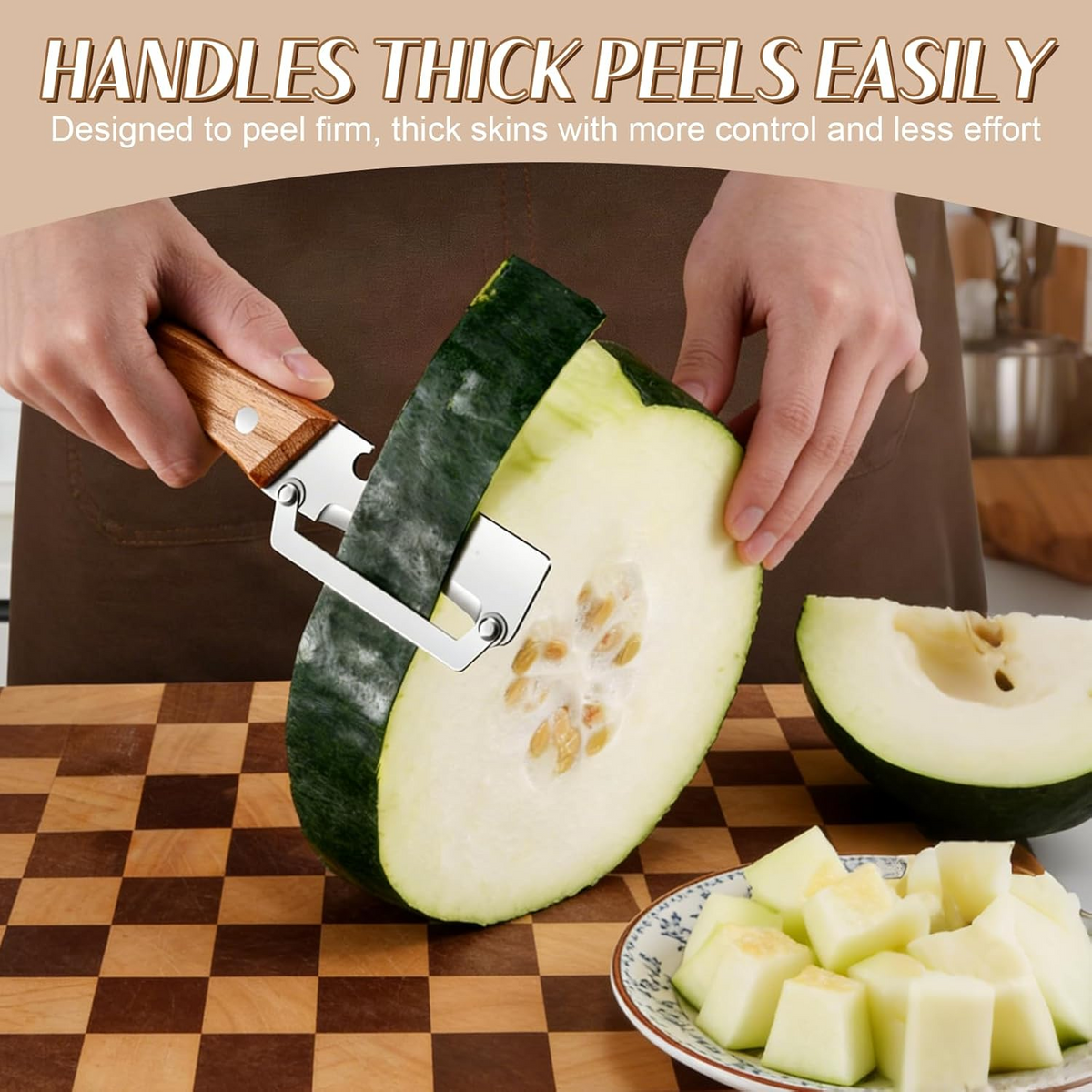 Wide Blade Vegetable Peeler with Julienne Edge and Wooden Handle for Root Vegetables