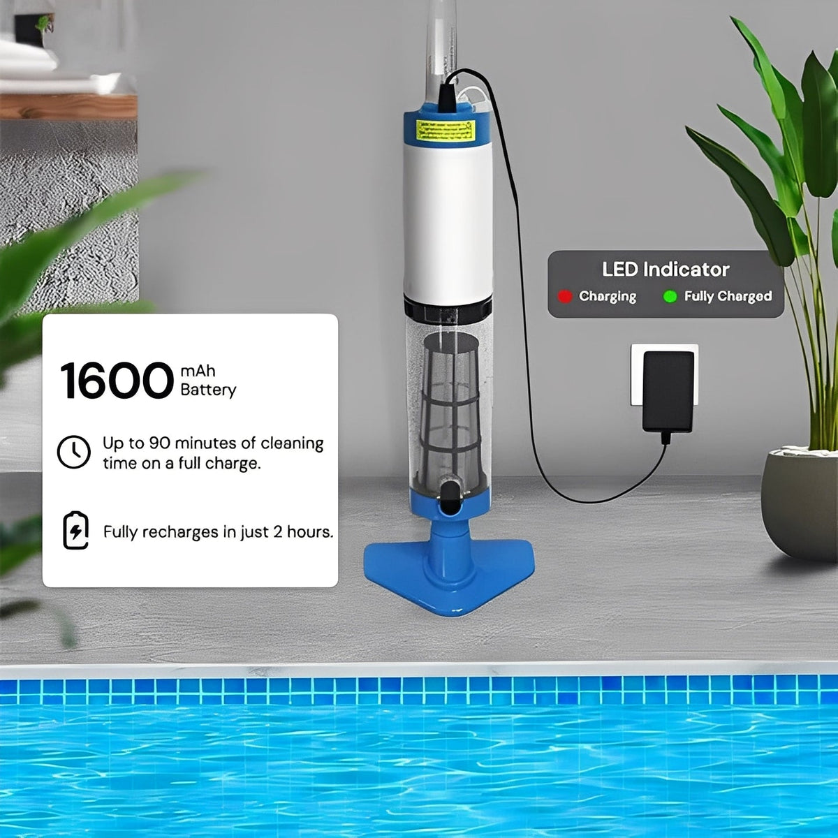 Rechargeable Pool Vacuum with Interchangeable Heads and Snap Attachment System