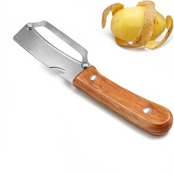 Wide Blade Vegetable Peeler with Julienne Edge and Wooden Handle for Root Vegetables