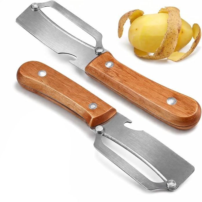 Wide Blade Vegetable Peeler with Julienne Edge and Wooden Handle for Root Vegetables