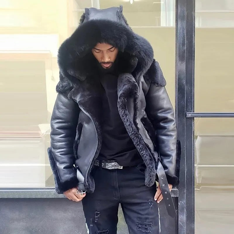 Sheepskin Leather Jacket | Man Winter Fur Hood Coat Motorcycle Jackets