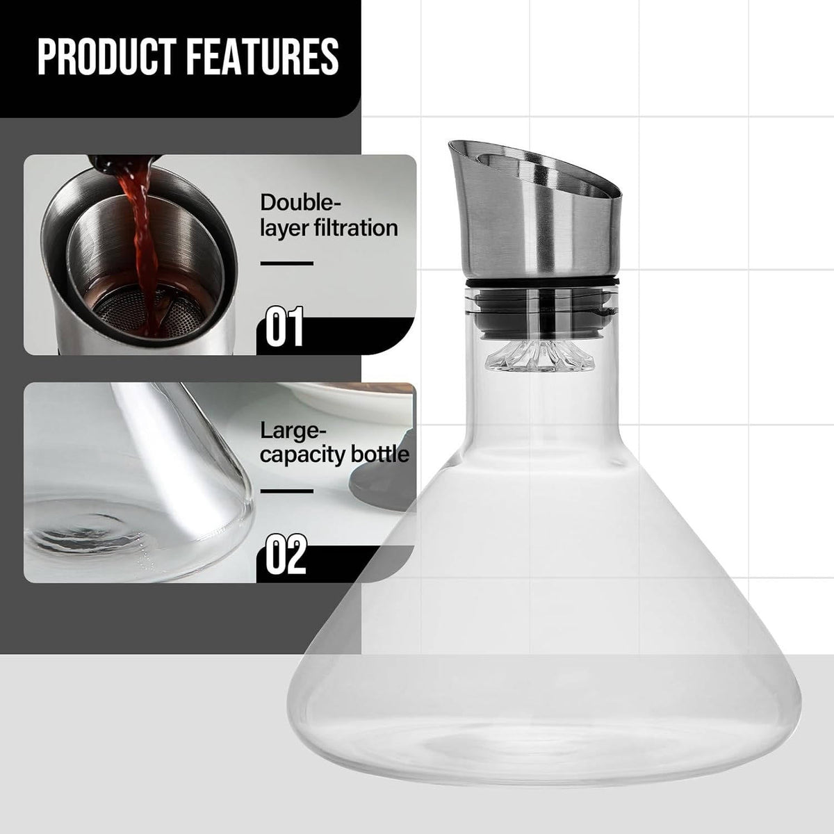 Wine Decanter with 360-Degree Aerator and Double Layer Filter, 1.5 Quart Capacity