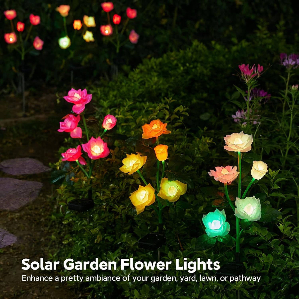3 Pack Solar Rose Garden Lights with Color Changing LEDs