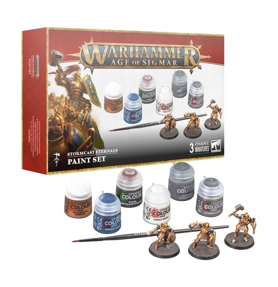 Warhammer Age of Sigmar Stormcast Eternals Paint Set – 3 Push-Fit Liberator Miniatures, 6 Citadel Paints & Starter Brush for Beginners and Hobby Fans