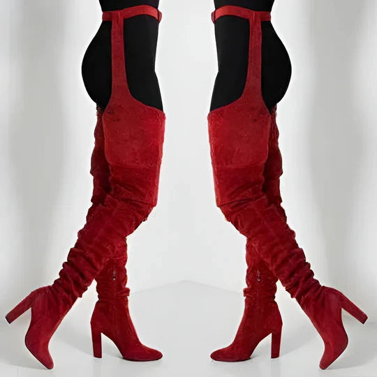 Women Faux Suede Thigh High Heel Slouch Boots