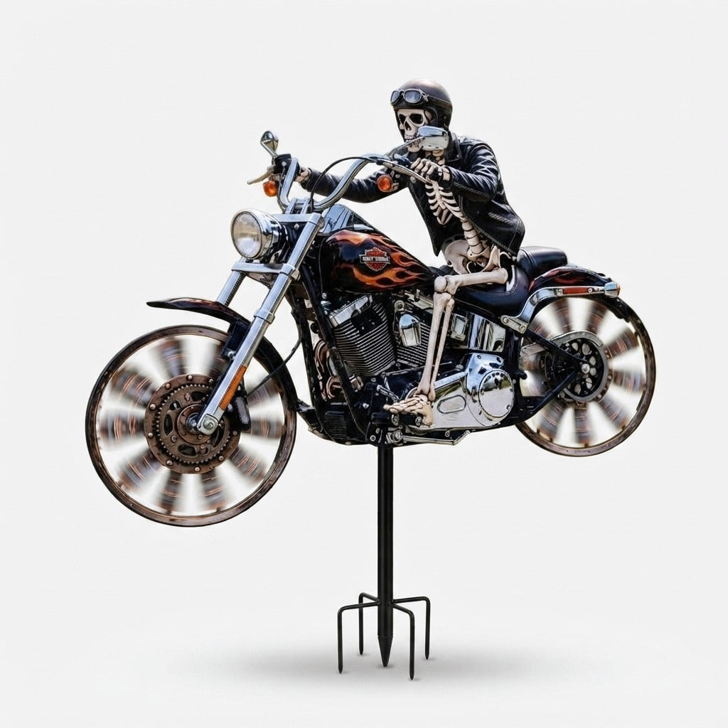Skeleton Motorcycle Wind Spinner with Ground Stake for Gardens