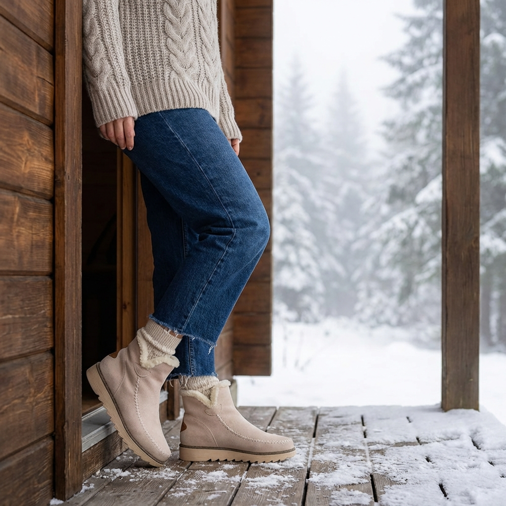 Women's Slip On Ankle Boots with Fur Lining and Flat Sole
