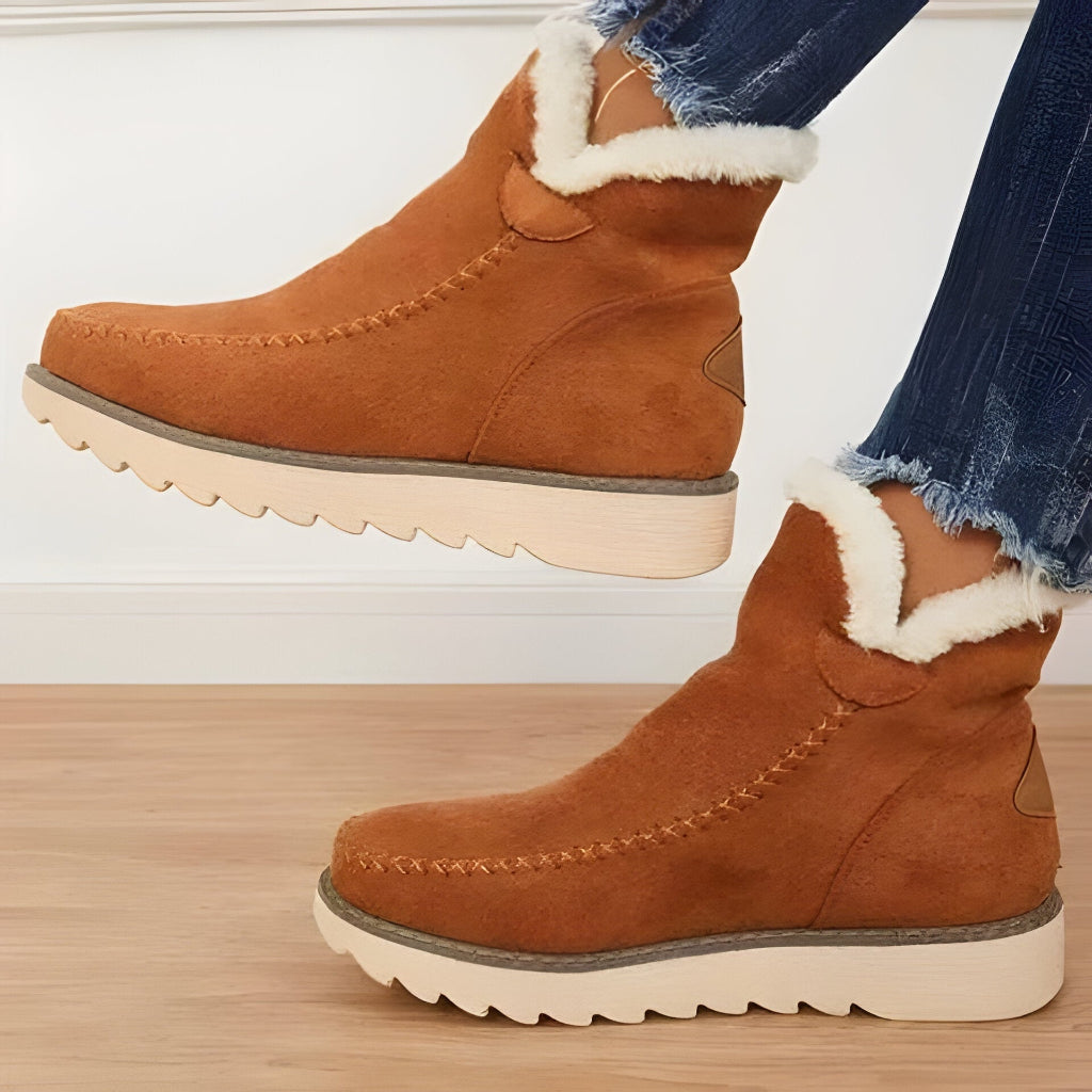 Women's Slip On Ankle Boots with Fur Lining and Flat Sole