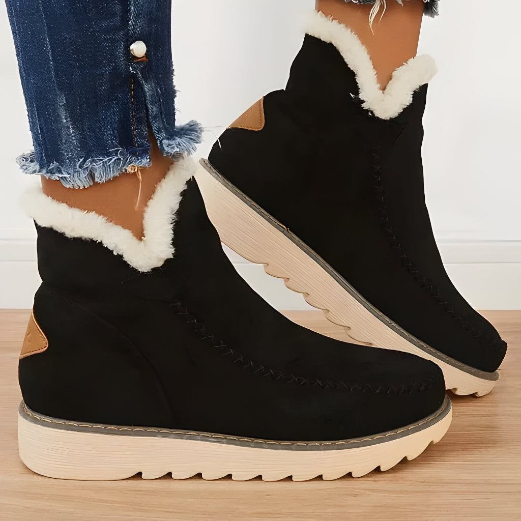 Women's Slip On Ankle Boots with Fur Lining and Flat Sole