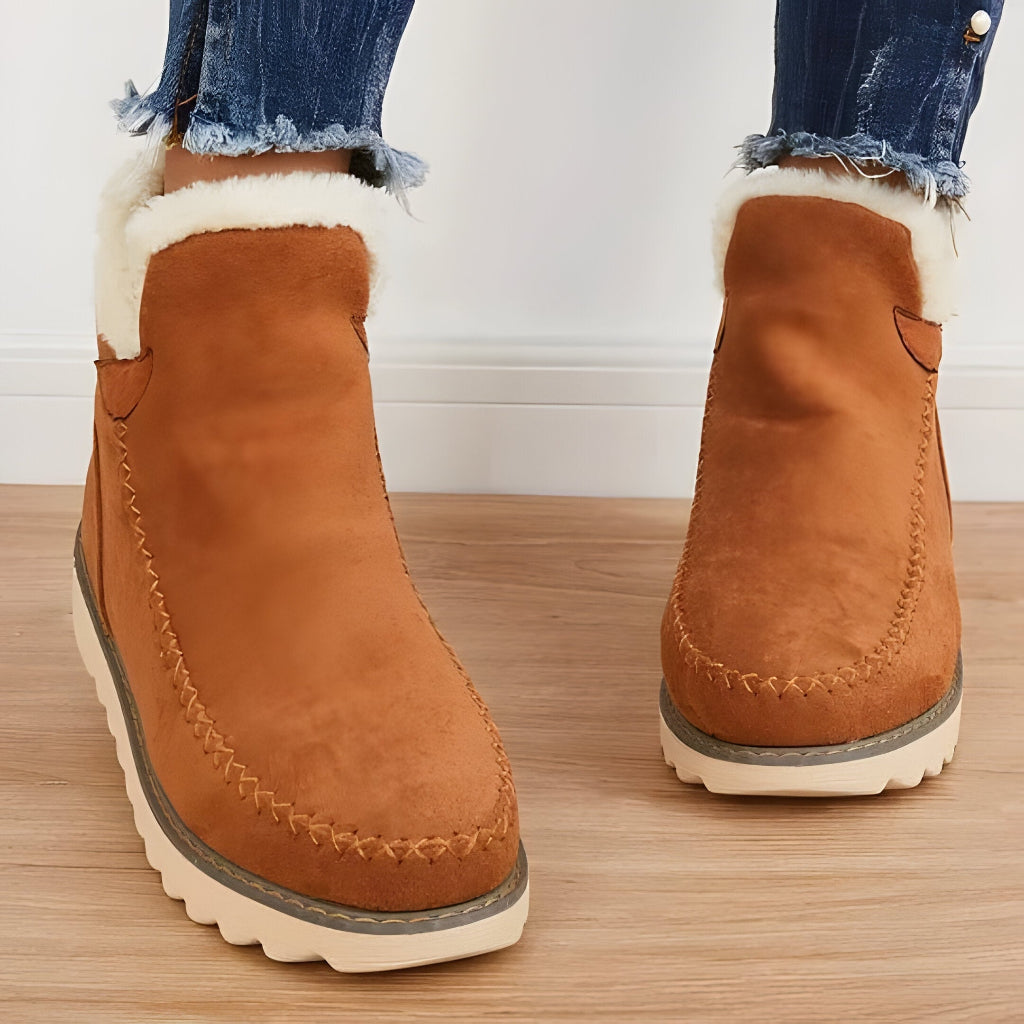 Women's Slip On Ankle Boots with Fur Lining and Flat Sole